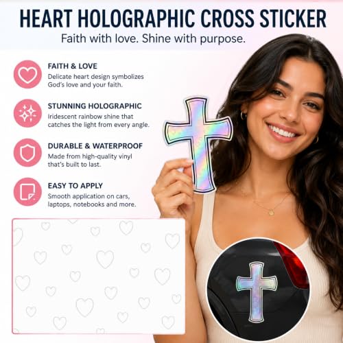 Christian Holographic Cross Car Decal, Prism Heart, 2 Pack - color: Prism Heart - 2 Pack