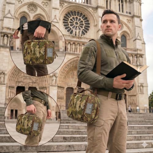 Tactical Bible Cover for Men, Large Bible Case with Shoulder Strap & US Flag Patch, Water Resistant Bible Carrier Bag with Handle, Multi Pockets for Church Study & Travel （Camo） - color: Camo