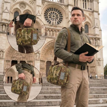 Tactical Bible Cover for Men, Large Bible Case with Shoulder Strap & US Flag Patch, Water Resistant Bible Carrier Bag with Handle, Multi Pockets for Church Study & Travel （Camo） - color: Camo