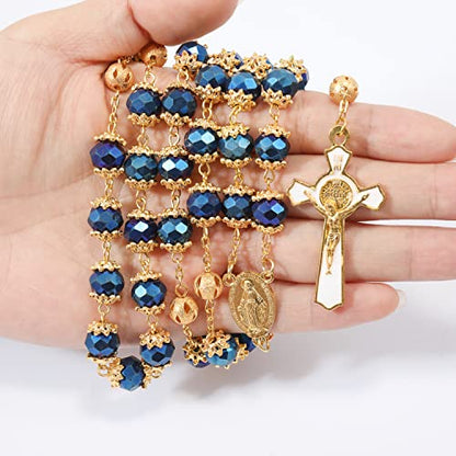 Nazareth Store St. Benedict Deep Blue Crystal Beads Rosary Prayer Necklace Golden Miraculous Medal & Gold Enamel Cross - color: Deep Blue