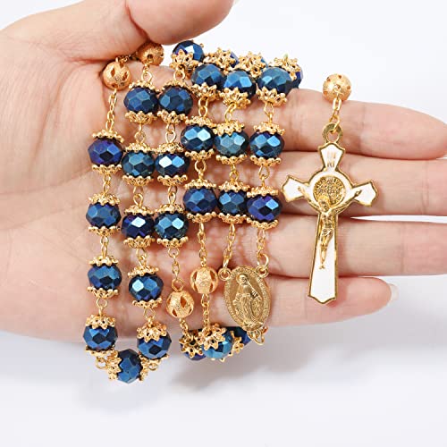 Nazareth Store St. Benedict Deep Blue Crystal Beads Rosary Prayer Necklace Golden Miraculous Medal & Gold Enamel Cross - color: Deep Blue