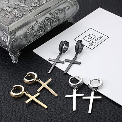 Men Women Stainless Steel Cross Earrings Set Dangle Hinged Earrings of Dangle Hinged Earrings Cross hoop Earrings - color: 3 Pairs Cross Earrings (Black+Silver+Gold) Scrub Large