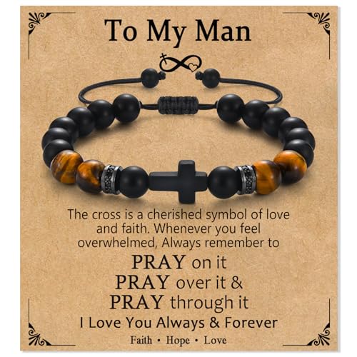 Cross Bracelet Gifts for Men Boys, Cross Beads Bracelet Christian Christmas Easter Basket Stuffers Baptism Jewelry Gifts for Man Him Son Grandson Nephew Brother Godfather Godson - style: Man