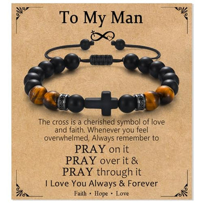 Cross Bracelet Gifts for Men Boys, Cross Beads Bracelet Christian Christmas Easter Basket Stuffers Baptism Jewelry Gifts for Man Him Son Grandson Nephew Brother Godfather Godson - style: Man