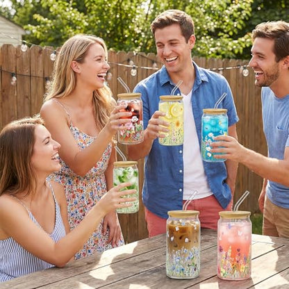 Drinking Cups with Lids, 12Pack, Glass, 16oz, Iced Coffee, Floral - style: 12Pcs Wildflower