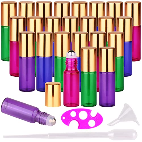 MaxMau 24 Pack Essential Oils Roller Bottles,5ml Colourful Roll On Bottles Steel Roller Balls Metal Cap for Aromatherapy Perfume - color: 24 PACK Colorful Roller Bottles