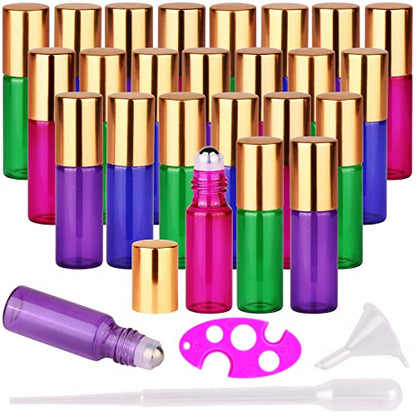 MaxMau 24 Pack Essential Oils Roller Bottles,5ml Colourful Roll On Bottles Steel Roller Balls Metal Cap for Aromatherapy Perfume - color: 24 PACK Colorful Roller Bottles