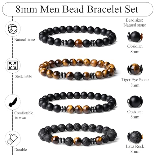 Mens Beaded Bracelets, 8MM Beaded Bracelets for Men, Natural Tiger Eye Bead Bracelet, Stretch Elastic Beads Bracelets for Men - color: 4 black yellow volcanic stone