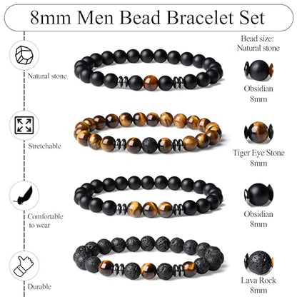 Mens Beaded Bracelets, 8MM Beaded Bracelets for Men, Natural Tiger Eye Bead Bracelet, Stretch Elastic Beads Bracelets for Men - color: 4 black yellow volcanic stone