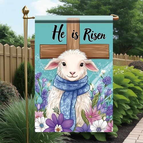 He Is Risen Garden Flag 12x18 Inch Double Sided Christian Easter Lamb Yard Banner with Cross and Flowers Spring Religious Outdoor Decoration for Garden Home - color: Easter Lamb Risen #3