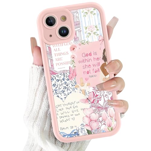 for iPhone 15 6.1'' Pink & Blue Flower Christian Collage Phone Case, Cute Floral Bible Verse Cross & Jesus Case, Slim TPU Shockproof Protective Phone Cover for Women Girls - color: Pink & Blue Cross Collage, size: iPhone 15