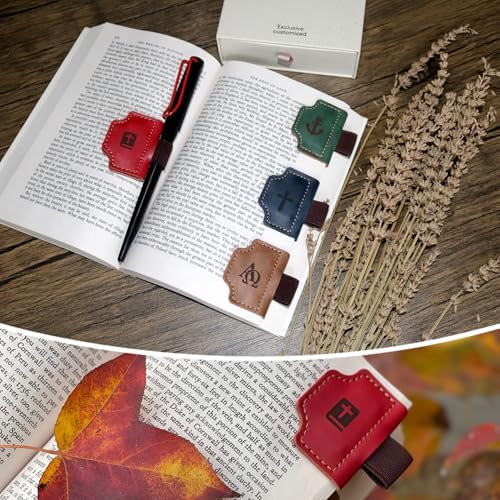 4 Pcs Personalized Magnetic Leather Bookmark Pen Holder Book Lovers Christian Gifts Bygone Mark for Reading, Red-Bible + Brown-AΩ + Blue-Cross + Green-Anchor - color: Red+brown+dblue+green, size: Bible+AΩ+Cross+Anchor