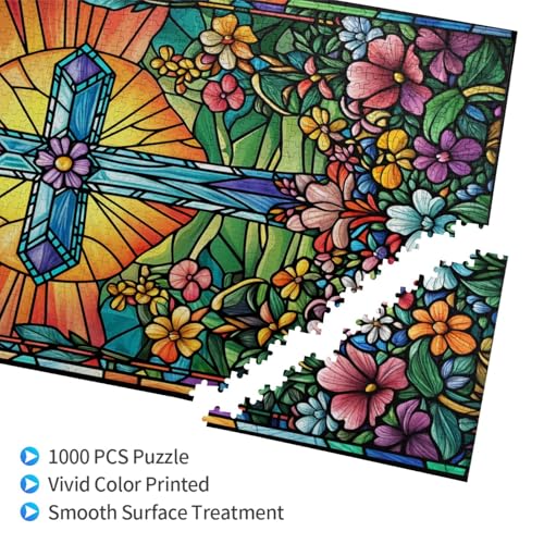 Stained Glass Cross Jigsaw Puzzles for Adults 1000 Pieces Christian Wooden Jigsaw Puzzle Colorful Flowers Religious Cross Puzzle for Family Friends Home Decor Christian Gifts - color: Cross, size: 1000PCS