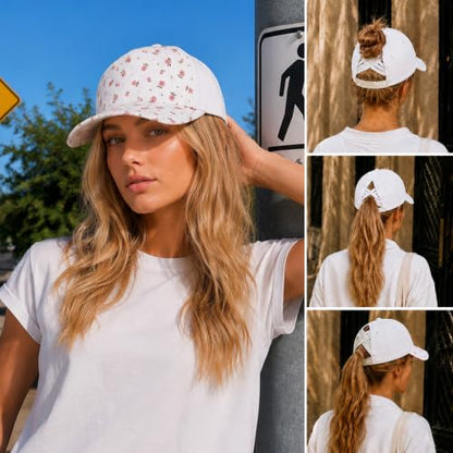 C.C Women's Criss-Cross Ponytail Trucker Hat - Snapback, One Size - color: Ditsy Flower-white