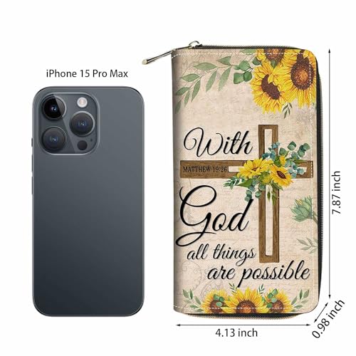 Christian Cross Quote Bible Verse Matthew 19:26 Print Wallet for Women Large Capacity Wallet Credit Card Holder PU Leather Zipper Clutch Purse Phone Wallet - color: Christian Cross Quote Bible Verse Matthew 19:26