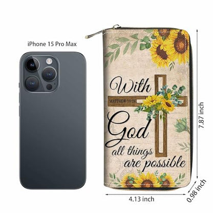 Christian Cross Quote Bible Verse Matthew 19:26 Print Wallet for Women Large Capacity Wallet Credit Card Holder PU Leather Zipper Clutch Purse Phone Wallet - color: Christian Cross Quote Bible Verse Matthew 19:26