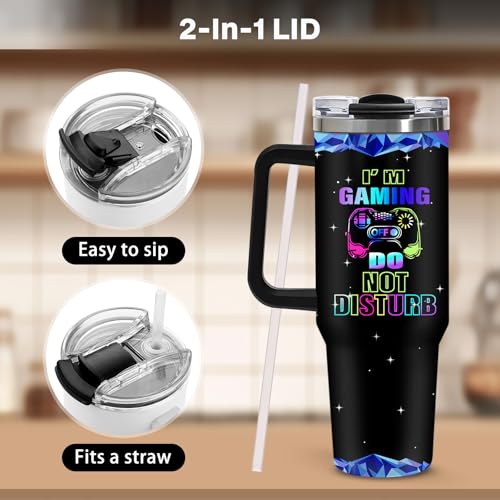 40oz Gamer Insulated Tumbler, Gaming Gifts for Boys Teenager Men, Gradient Gamepad Coffee Mug, Double Wall Stainless Steel Travel Cup with Handle Straw, Game Controller Present for Son Teen Birthday - color: Game-D-76