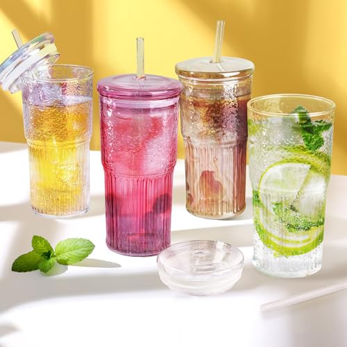 Joeyan 22 oz Pink Glass Tumbler with Straw and Lid,Ribbed Glasses Cups - color: Pink colored glass tumbler