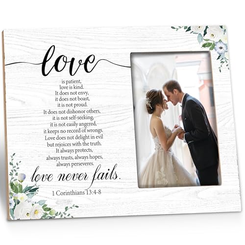 Christian Wedding Picture Frame - Wedding Gifts for Newlyweds Couple, Love Is Patient Love Is Kind Floral Bible Verse Love Wooden Photo Frame for Tabletop or Wall Hanging 4x6 Inch - color: Brown