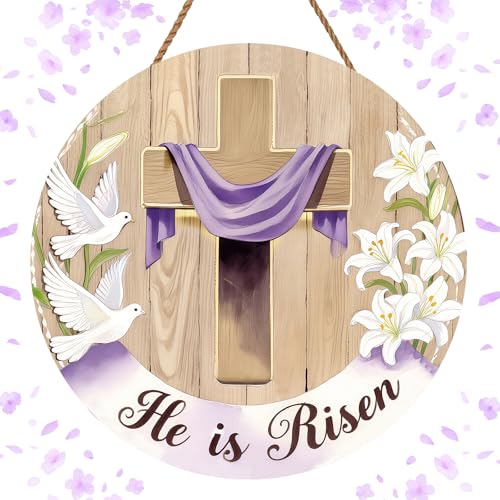 Easter Day Door Sign Wooden Hanging Decor with Rope He is Risen Lily Flowers Religious Cross Easter Door Hanger for Front Door Porch Home Wall Decor Party Outdoor Indoor Easter Day Decor