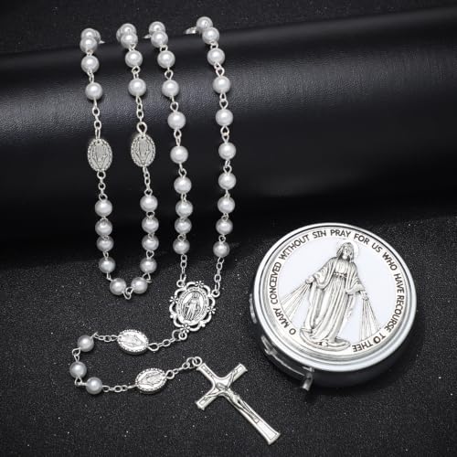 KOMI 6mm Glass Pearl Rosary Beads Catholic for Women with Metal Rosary Box Religious Gifts - style: Virgn Mary-white