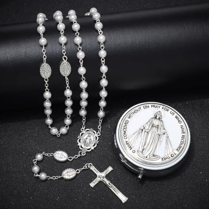 KOMI 6mm Glass Pearl Rosary Beads Catholic for Women with Metal Rosary Box Religious Gifts - style: Virgn Mary-white