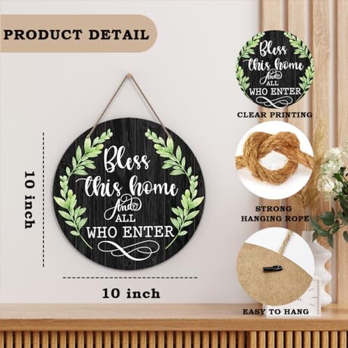 Welcome Door Sign, Greenery Wooden Round Decorative Wall Plaque, Bless This Home And All Who Enter, Christian Farmhouse Porch Yard Hanging Sign, 10 x 10 Inch, Wood