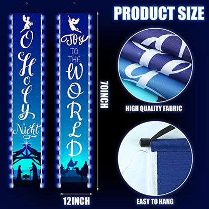 2 Pcs Holy Night Christmas Nativity Porch Sign Religious Blue Jesus Nativity Banner with LED String Lights for Winter Christmas Front Door Porch Yard Decorations 12 x 71 Inch