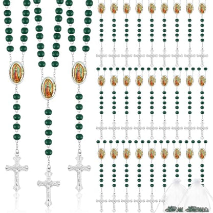 Taiyin 36 Pcs Wooden Bead Rosary Necklace with Crucifix and Our Lady of Guadalupe Scented First Communion Rosary with 36 Organza Bags Baptism Favors Catholic Gift for Men Women - color: Green