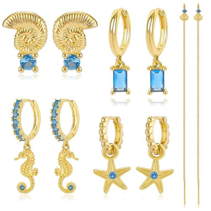 Gold Earrings Set for Women 14K Gold Plated Cubic Zirconia Love Heart Bowknot Clover Fruit Flower Insect Ocean Cross Huggie Hoop Earrings Stud Earrings Set for Multiple Piercing Party Jewelry Gifts - style: Seashell and Starfish