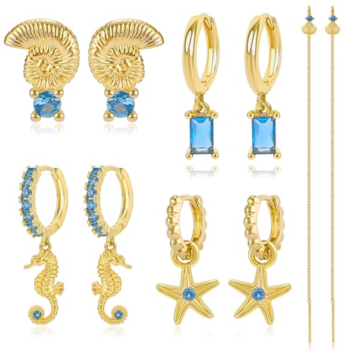 Gold Earrings Set for Women 14K Gold Plated Cubic Zirconia Love Heart Bowknot Clover Fruit Flower Insect Ocean Cross Huggie Hoop Earrings Stud Earrings Set for Multiple Piercing Party Jewelry Gifts - style: Seashell and Starfish