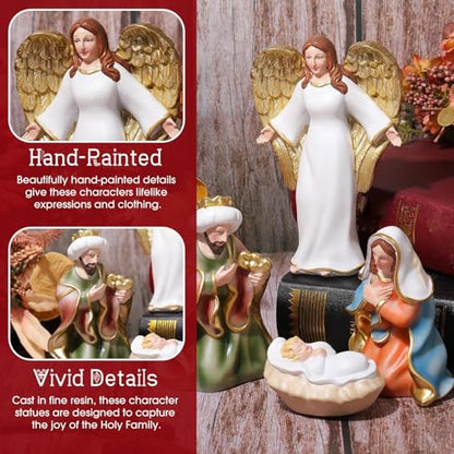 Cinnvoice 11 Pcs Christmas Nativity Gift Set Resin Nativity Scene Figurine Set 7 Holy Family Statue for Indoor Decoration Jesus Manger Sculpted Religious Gift for Xmas Family Home Tabletop