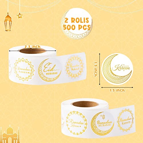 Ramada Eid-Al-Fitr Stickers Rolls - 1000pcs(2 Rolls)Gold Ramadan Eid Al Fitr Party Moon Pattern Round Sticker Roll Gift Tag Label Self-Adhesive Giftwrap Decal Gift Wraping Waterbottle Scrapbook - style: Ramada Eid-Al-Fitr