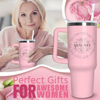 Christian Tumbler with Handle and Straw, 40 oz Vacuum Insulated Water Bottle Stainless Steel, Leak Proof Travel Mug, Inspirational Religious Belief Gifts for Her Women Girl Christmas Mothers Day - color: Pink
