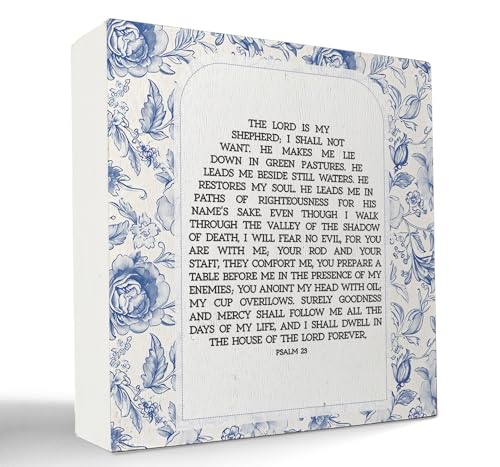 Psalm 23 The Lord is My Shepherd Christian Bible Verse Wooden Box Sign, Vintage Blue Chinoiserie Floral Religious Wood Signs for Home Office Prayer Room Desk Shelf Tabletop Decoration, 5x5 Inch - color: Floral Psalm 23