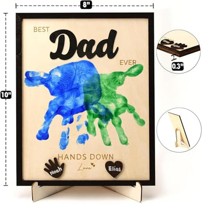 Personalized Fathers Day Crafts for Kids, Handmade Best Dad Ever Sign with Kids Handprint Art, Custom Ink Name, DIY Craft Kit for Father's Day, Meaningful Gift from Wife & Children, Unique Birthday Gift Idea for Dad - color: Dad Handprint