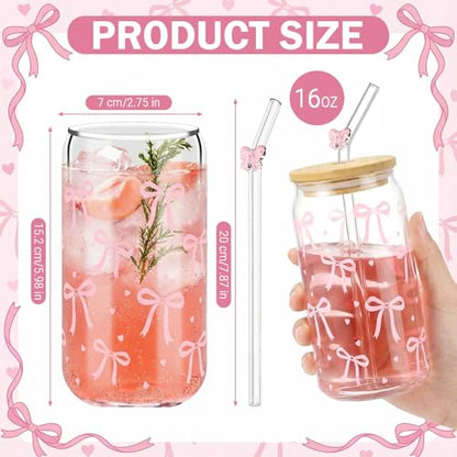 Glass Cups with Lids and Straws, 6Pack, 16oz, Pink Bow - style: Pink Bow