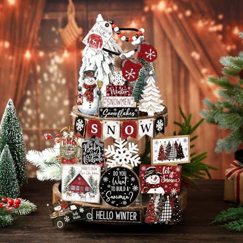 Vercraft Christmas Tiered Tray Decor Xmas Wooden Table Decor, Buffalo - style: Winter Buffalo Plaid