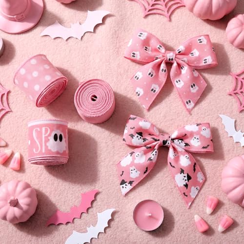 12 Rolls 60 Yards Pink Ghost Halloween Wired Ribbon for Wreath Bow - style: Pink Ghost