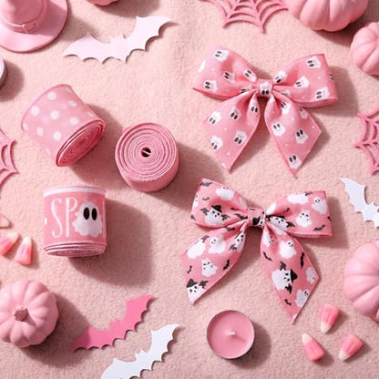 12 Rolls 60 Yards Pink Ghost Halloween Wired Ribbon for Wreath Bow - style: Pink Ghost