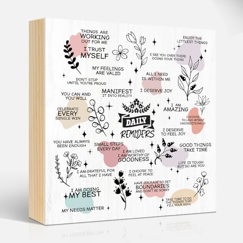 Daily Remiders 6x6 Inch Sketch Floral Style Wood Box Signs, Funny Home Office Bedroom Shelf Wooden Plaque Desk Decor, Positive Affirmation Mental Health Positive Mindset Gifts For Women - color: White-Pink