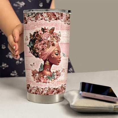 Black Woman Tumbler 20oz Stainless Steel Insulated Coffee Travel Cup Tumblers Gifts for Women Girls on Birthday Christmas - color: Black Woman