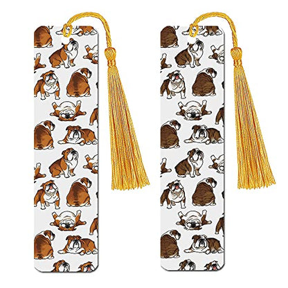 WIRESTER Set of 2 Metal Bookmarks with Light Gold Tassel for Students, Reader, Teachers, Book Lovers - English Bulldog Funny Playful Postures, Brindle Brown English Bulldog Funny Playful Postures - color: English Bulldog, Brown English Bulldog Playful