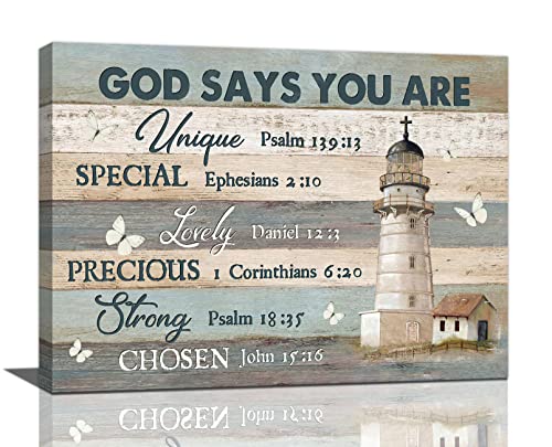 Rustic Lighthouse Wall Art Christian God Says You Are Bible Verse Pictures Wall Decor Canvas Prints Framed Barn Butterfly Painting Artwork for Bathroom Kitchen Living Room Office Church 16"x12" - color: Lighthouse-5, size: 16"L x 12"W