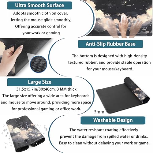 Black Anime Cloud Desk Mat XXL Large Gaming Mouse Pad Computer Laptop Mat, Extended Non-Slip Rubber Base Mousepad Keyboard and Mouse Mat, Night Sky Desk Pad with Stitched Edges, 31.5x15.75 in - color: Black Anime Cloud