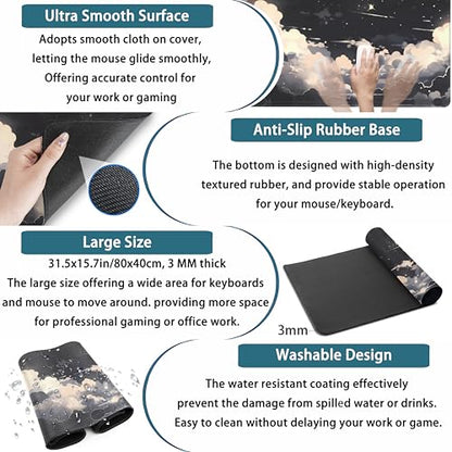 Black Anime Cloud Desk Mat XXL Large Gaming Mouse Pad Computer Laptop Mat, Extended Non-Slip Rubber Base Mousepad Keyboard and Mouse Mat, Night Sky Desk Pad with Stitched Edges, 31.5x15.75 in - color: Black Anime Cloud