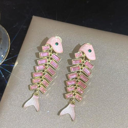 Fish Bone Earrings Drip Oil Animal Earrings Colorful Crystal Sparkly Enamel Earrings Creative Long Fishbone Earstud Dangle Fish Drop Earrings Jewelry for Women - color: Pink Fish