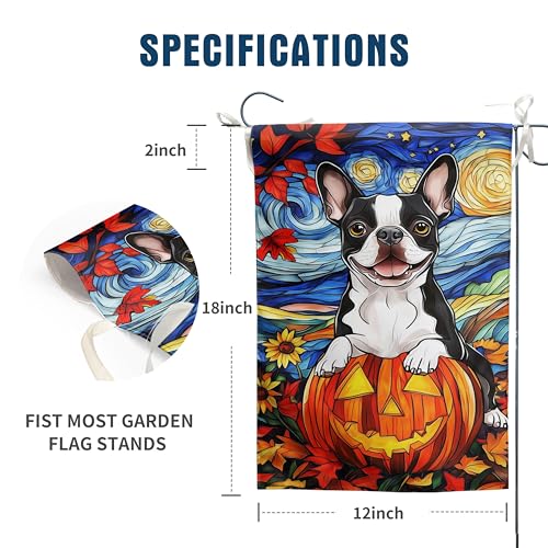 Stained Glass Boston Terrier Fall Garden Flag Halloween Pumpkin Yard Signs Autumn Sunflower Thanksgiving Banner for Outside 12x18 Double Sided Small Dog Outdoor Decorative - color: autumnboston
