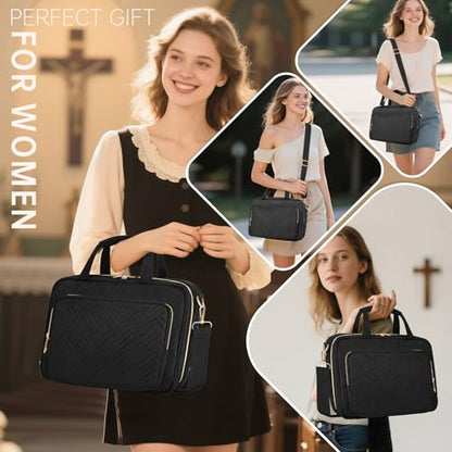 Bible Cover Case for Women Bible Study Supplies Christian Gifts for Women Church Camp Essentials Christian Bible Journaling Kit Quilted Large Bible Cover with Durable Handle (Black, Large) - color: Black