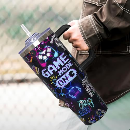 40oz Gamer Tumbler With Handle Lid and Straw,Cool Gamer Gift For Boys/Girls,Video Game Gifts,Gaming Gifts For Men/Women Stainless Steel Insulated Bottle Travel Mug Coffee Cup - color: Gamer 40oz